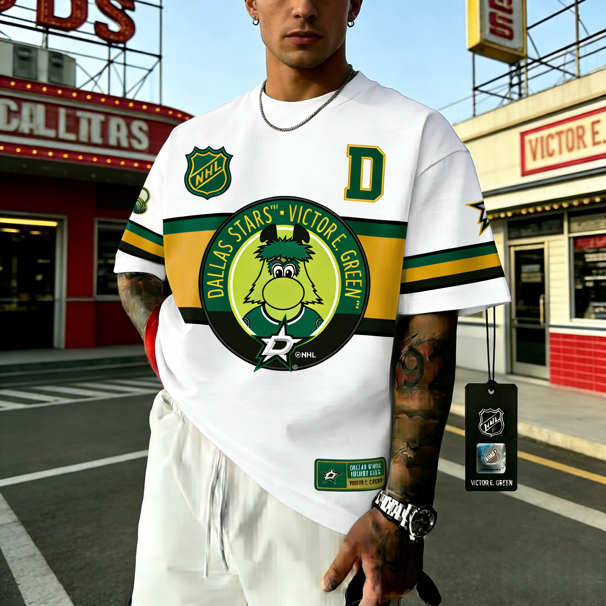 T-shirts featuring the NHL team "Dallas Stars" and their mascot "Victory"
