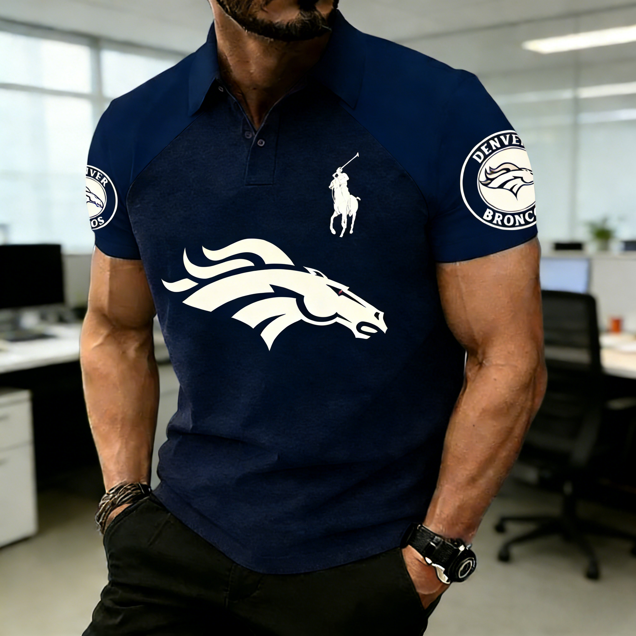 RL Style NFL Denver Broncos Raglan Sleeve Polo Shirt