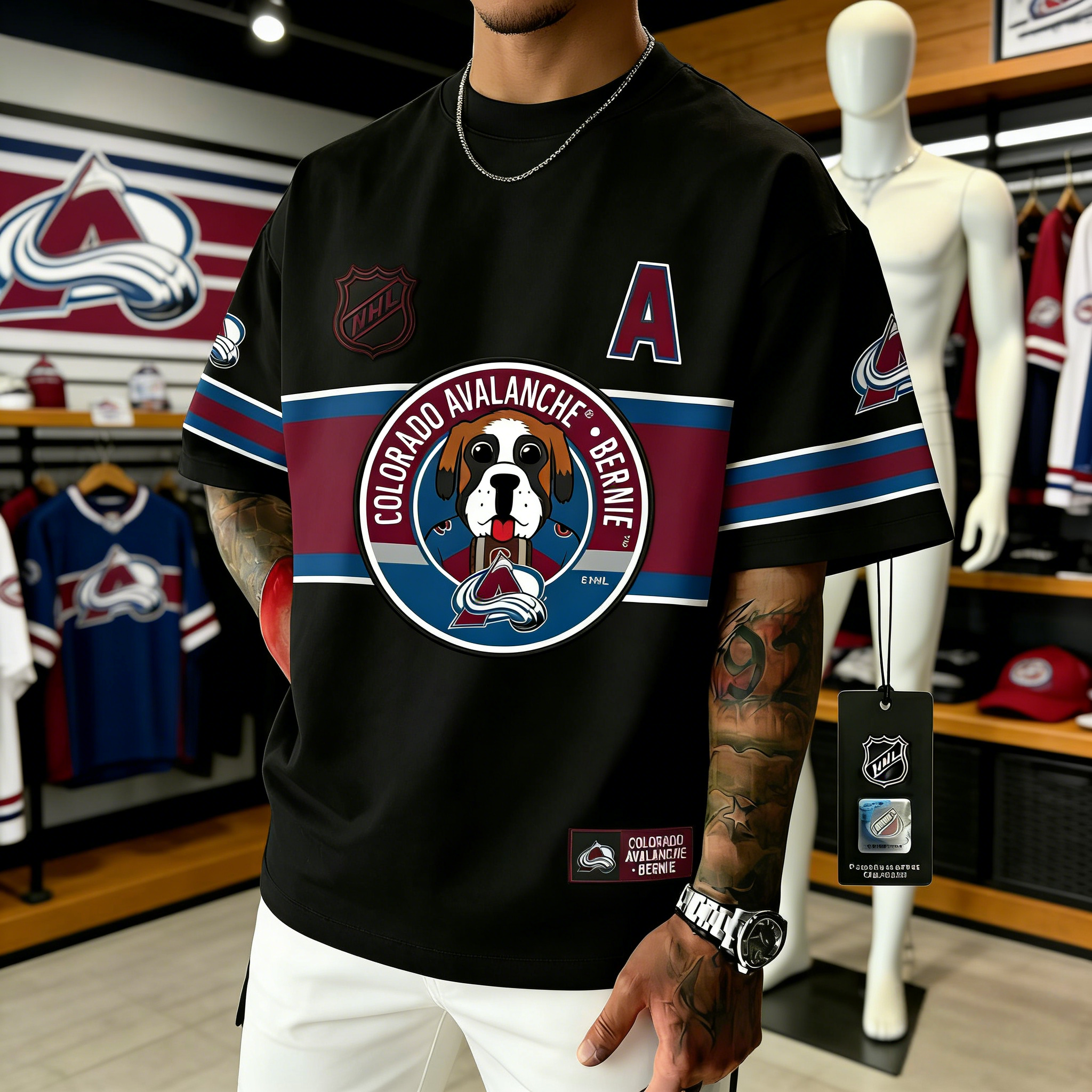 T-shirts featuring the NHL team "Colorado Avalanche" and its mascot "Bernie"