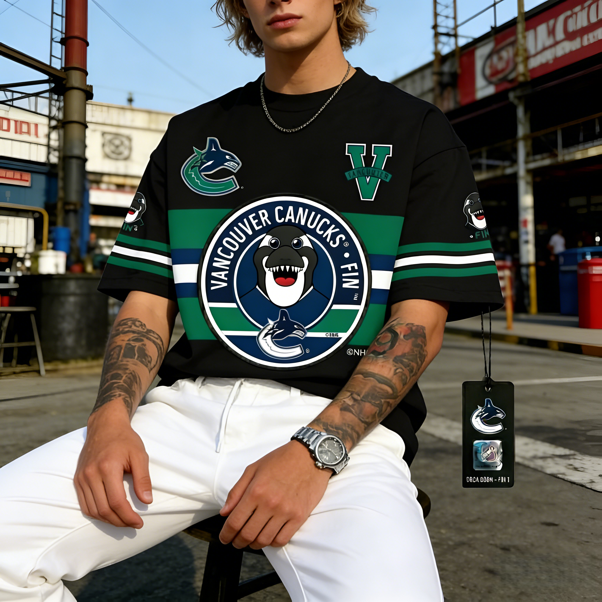T-shirts featuring the NHL team "Vancouver Canucks" and their mascot "Fin the Whale"