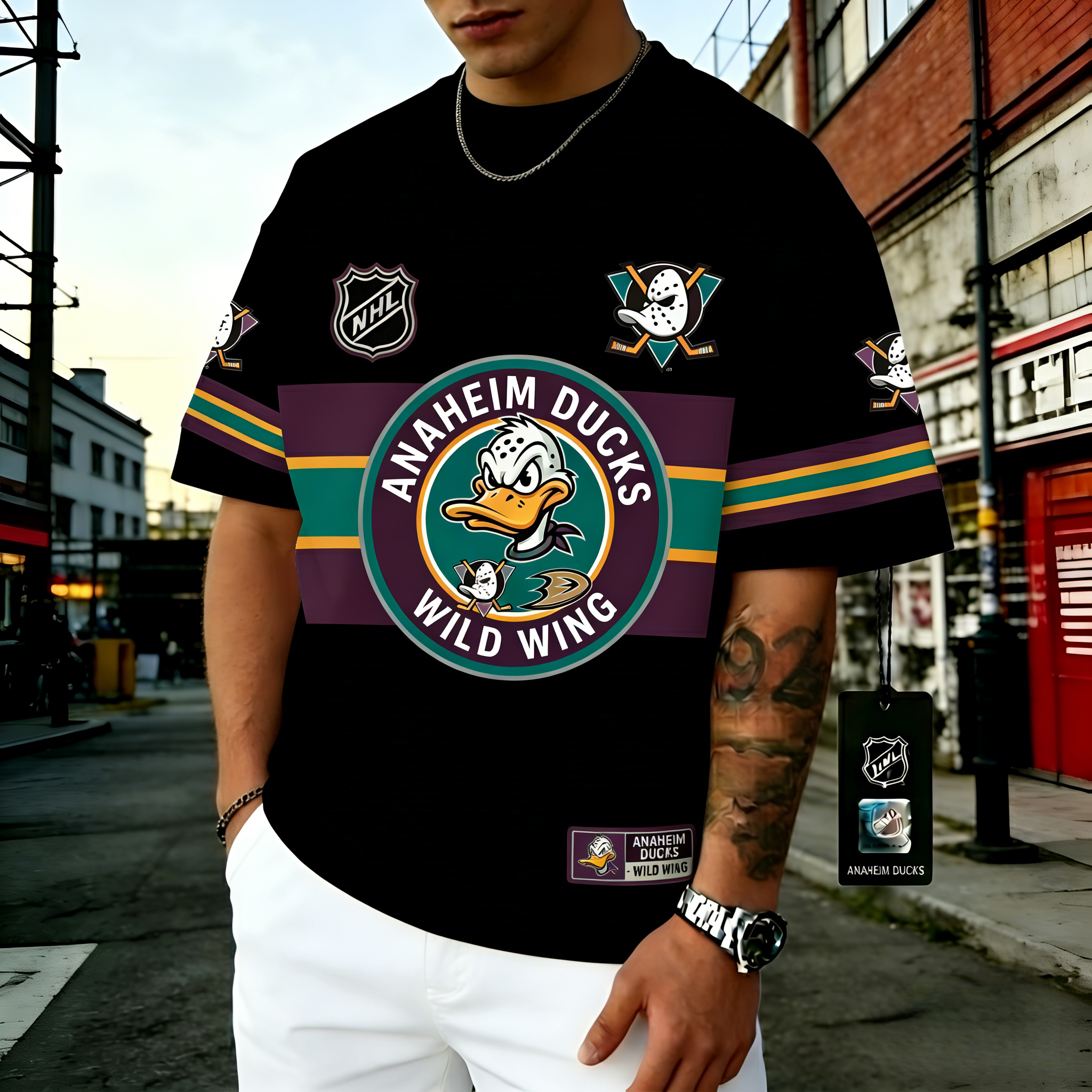 T-shirts featuring the NHL team "Anaheim Ducks" and their mascot "Wild Wing"