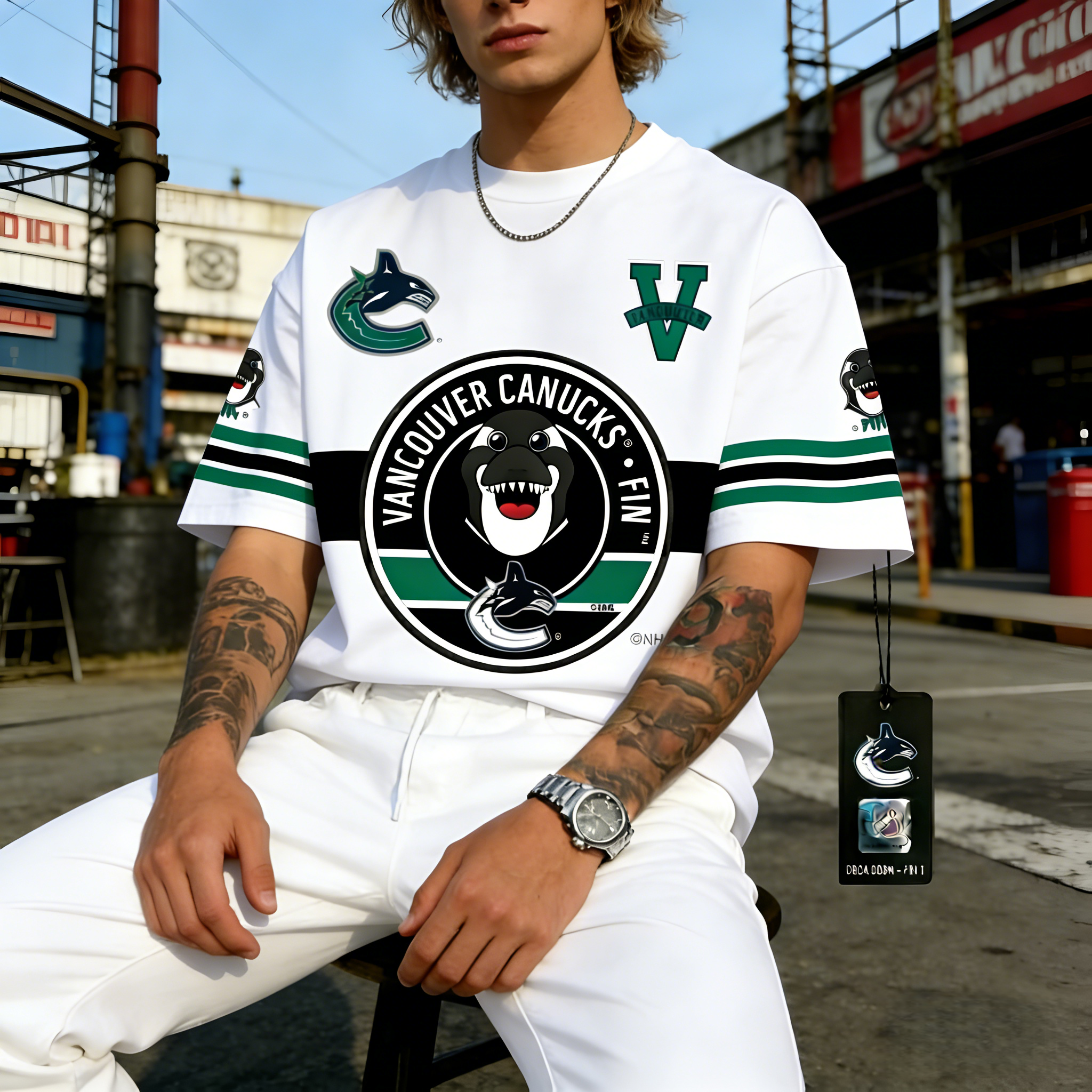 T-shirts featuring the NHL team "Vancouver Canucks" and their mascot "Fin the Whale"