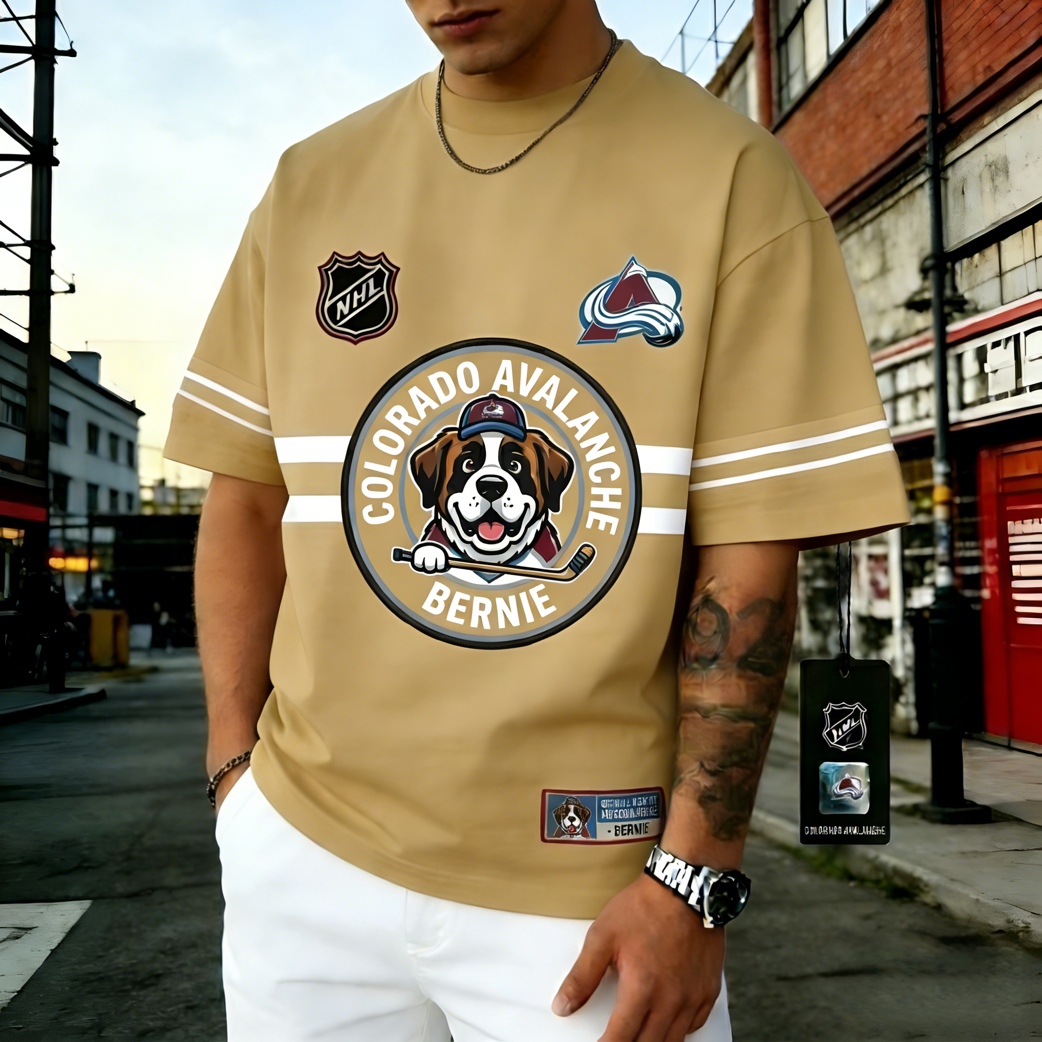 T-shirts featuring the NHL team "Colorado Avalanche" and its mascot "Bernie"