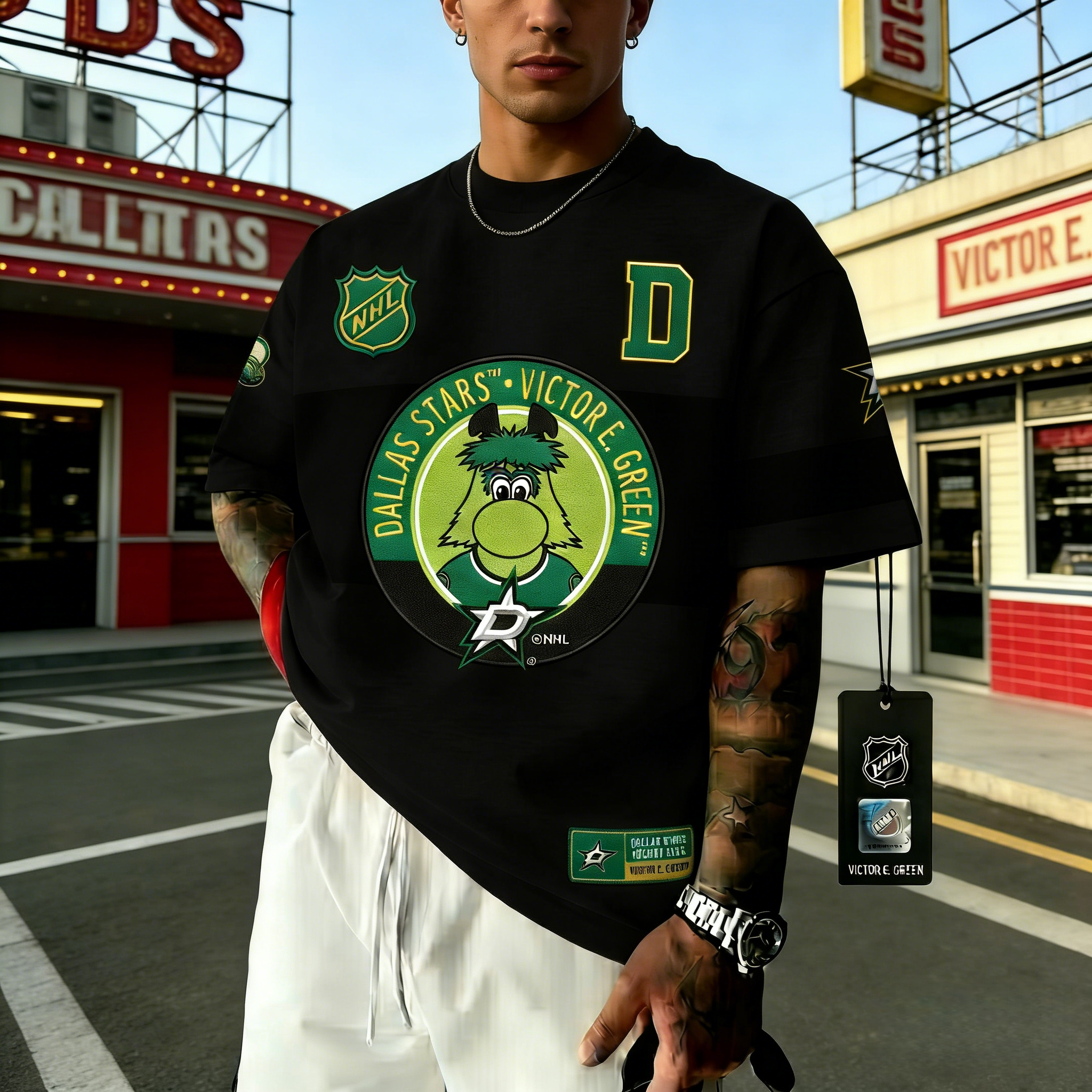 T-shirts featuring the NHL team "Dallas Stars" and their mascot "Victory"