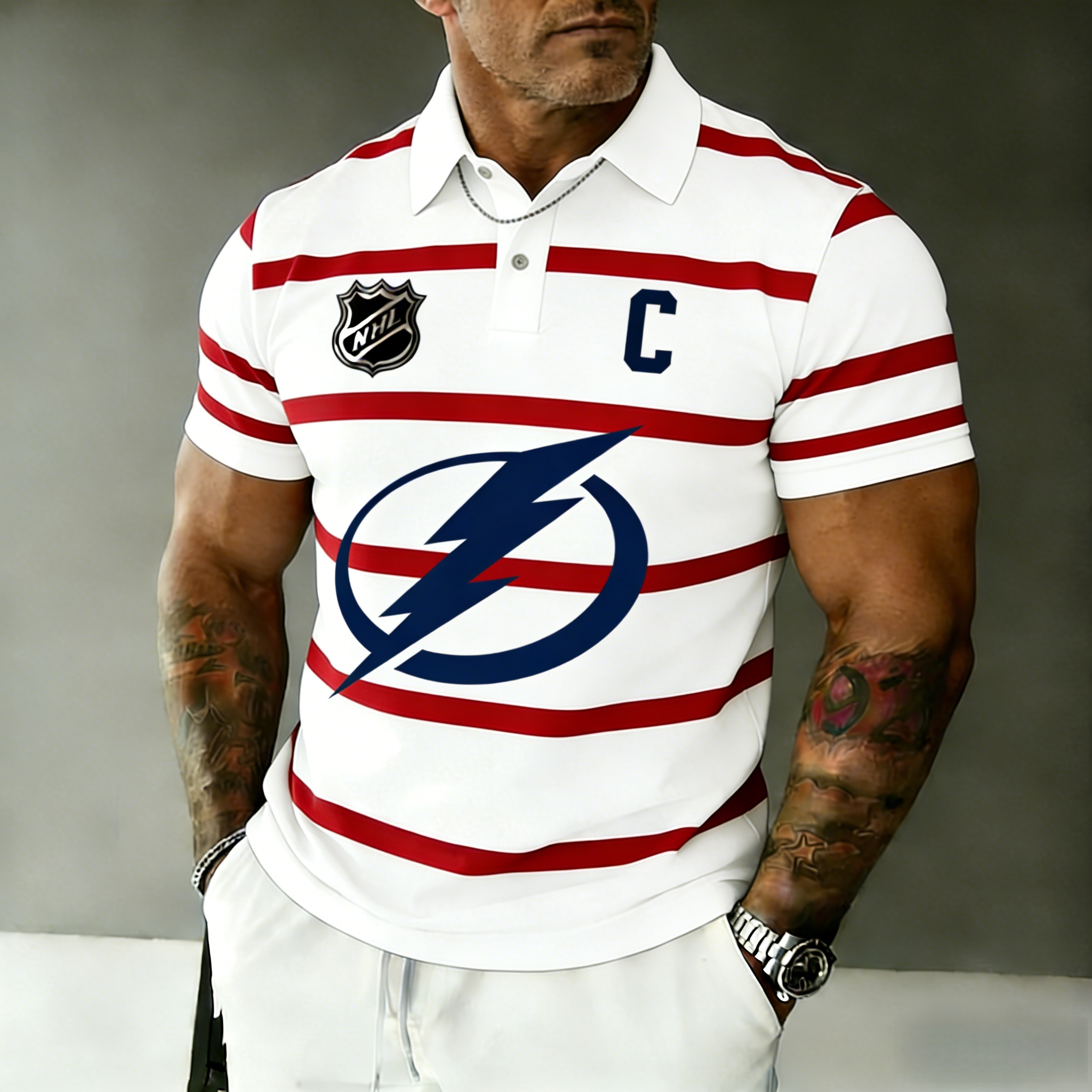 Tampa Bay Lightning captain's striped polo shirt