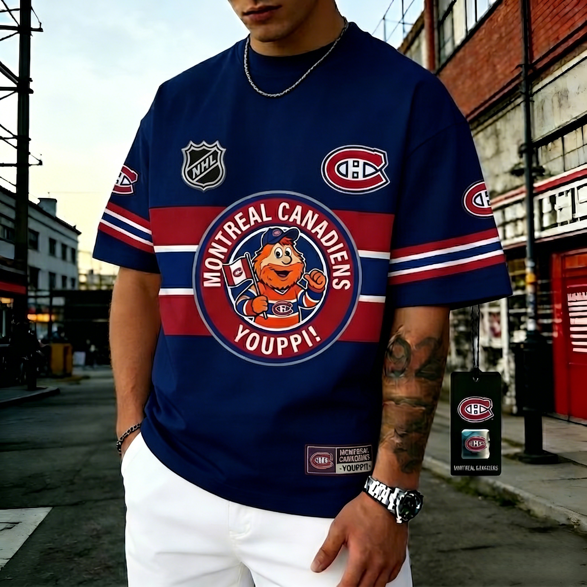 Generate T-shirts featuring the NHL team "Montreal Canadiens" and their mascot "Youppi!"