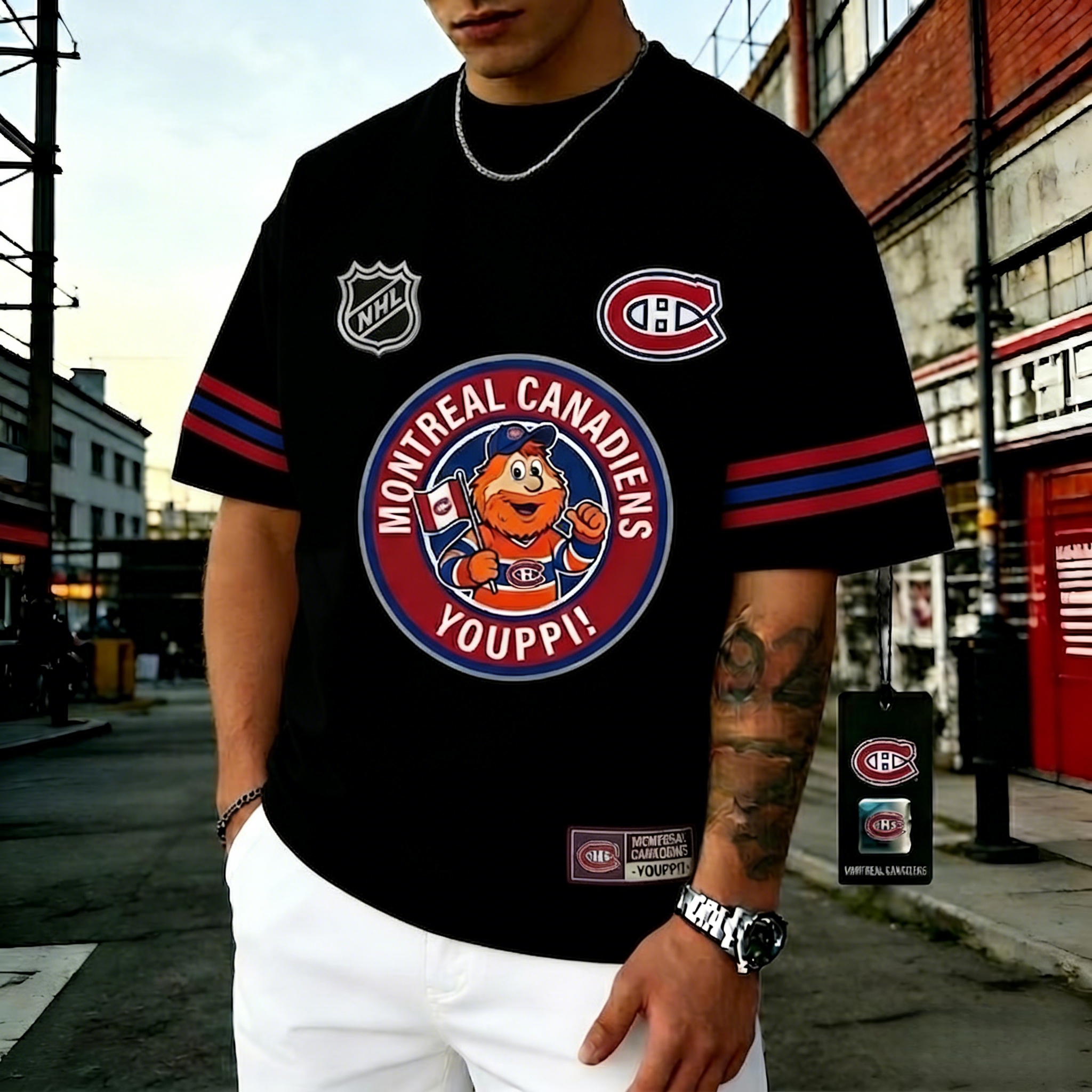 Generate T-shirts featuring the NHL team "Montreal Canadiens" and their mascot "Youppi!"