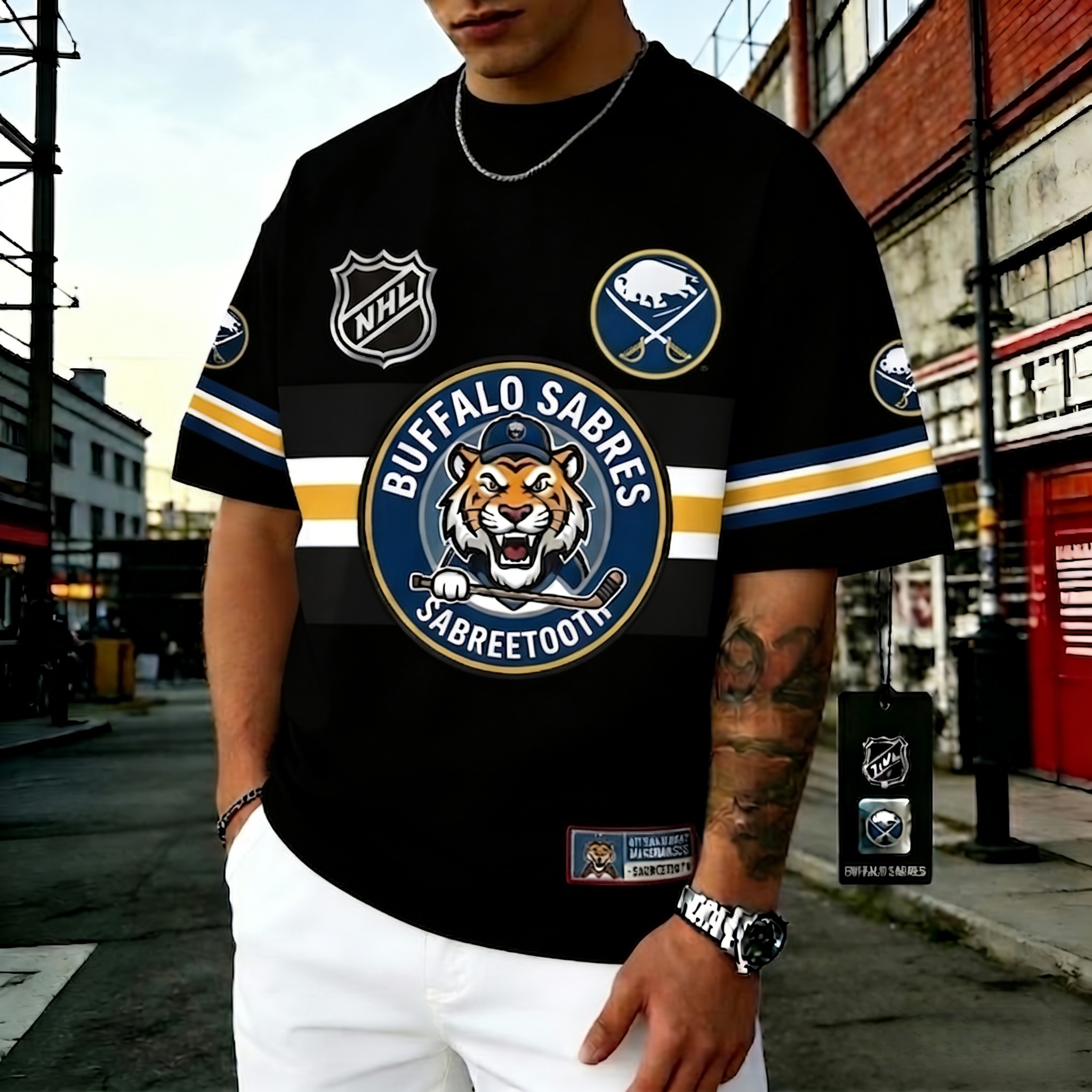 T-shirts featuring the NHL team "Buffalo Sabres" and their mascot "Sabretooth"