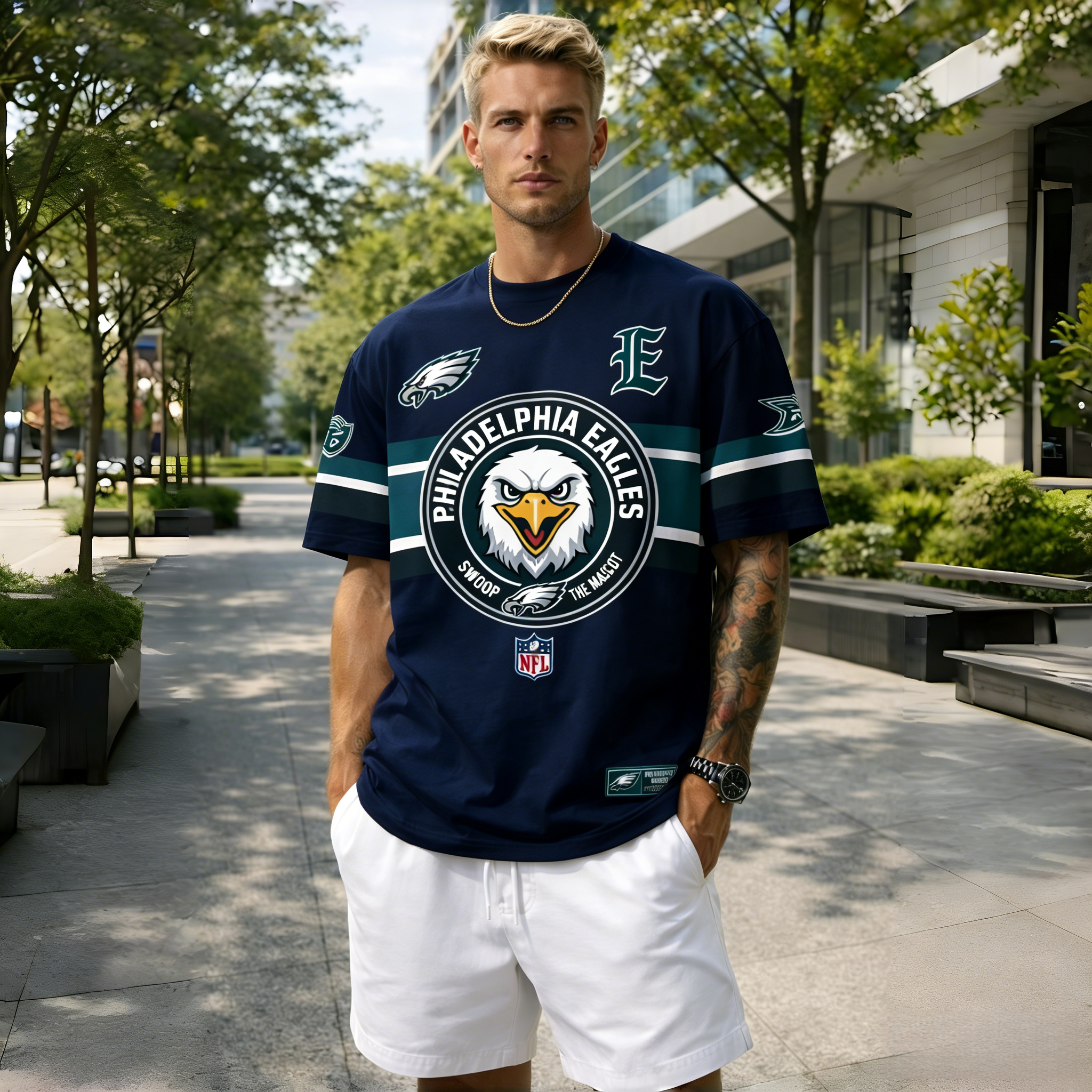 T-shirts featuring the NFL team "Philadelphia Eagles" and their mascot "Swoop"