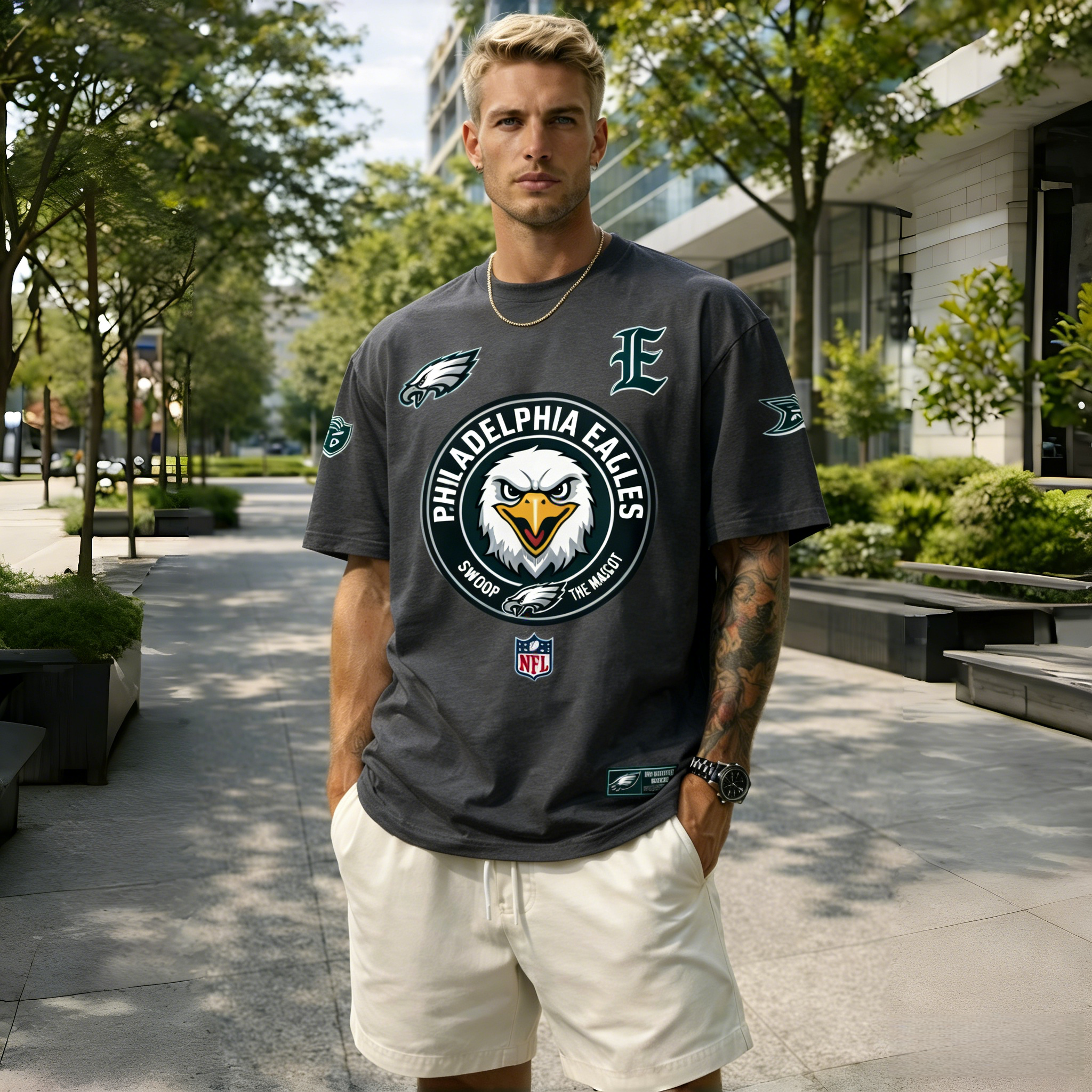 T-shirts featuring the NFL team "Philadelphia Eagles" and their mascot "Swoop"