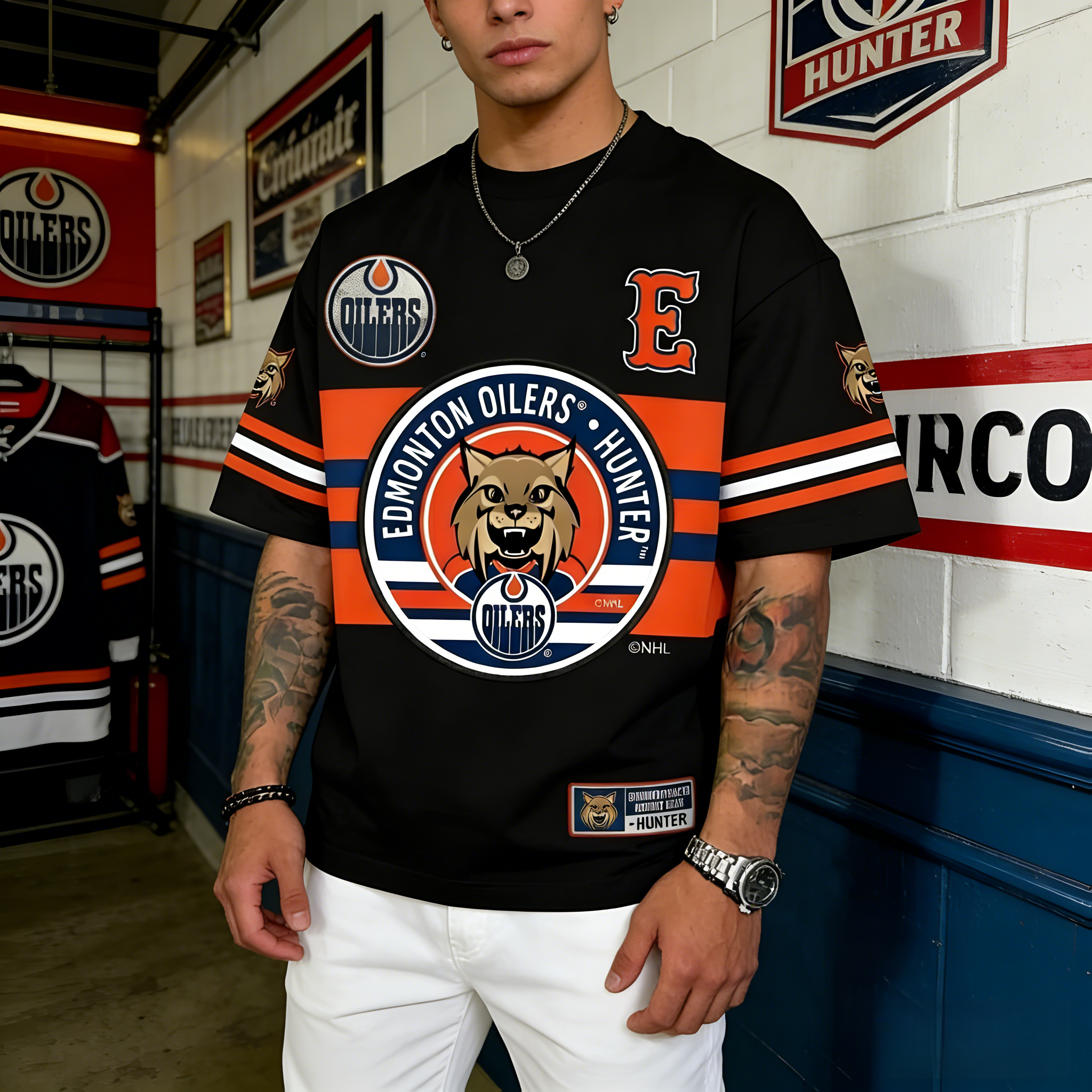 T-shirts featuring the NHL team "Edmonton Oilers" and their mascot "Hunter"