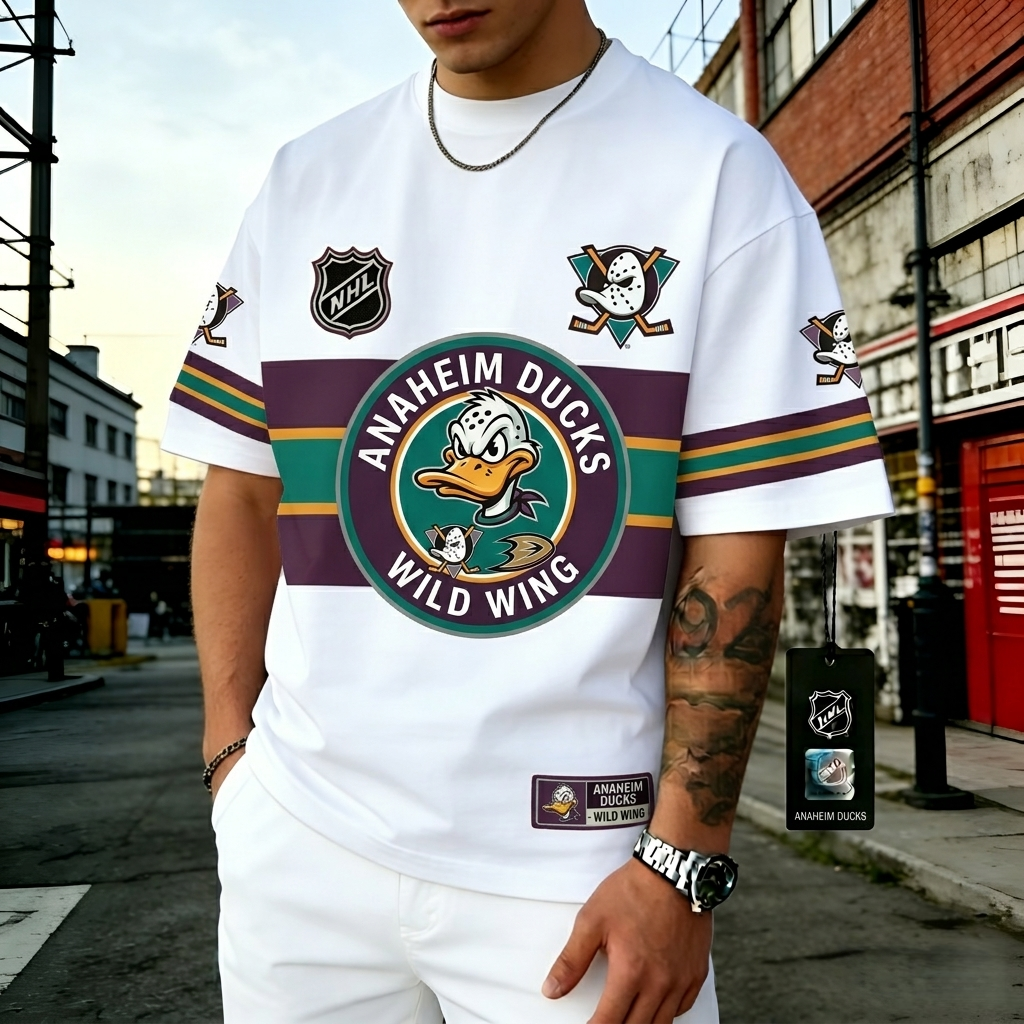 T-shirts featuring the NHL team "Anaheim Ducks" and their mascot "Wild Wing"