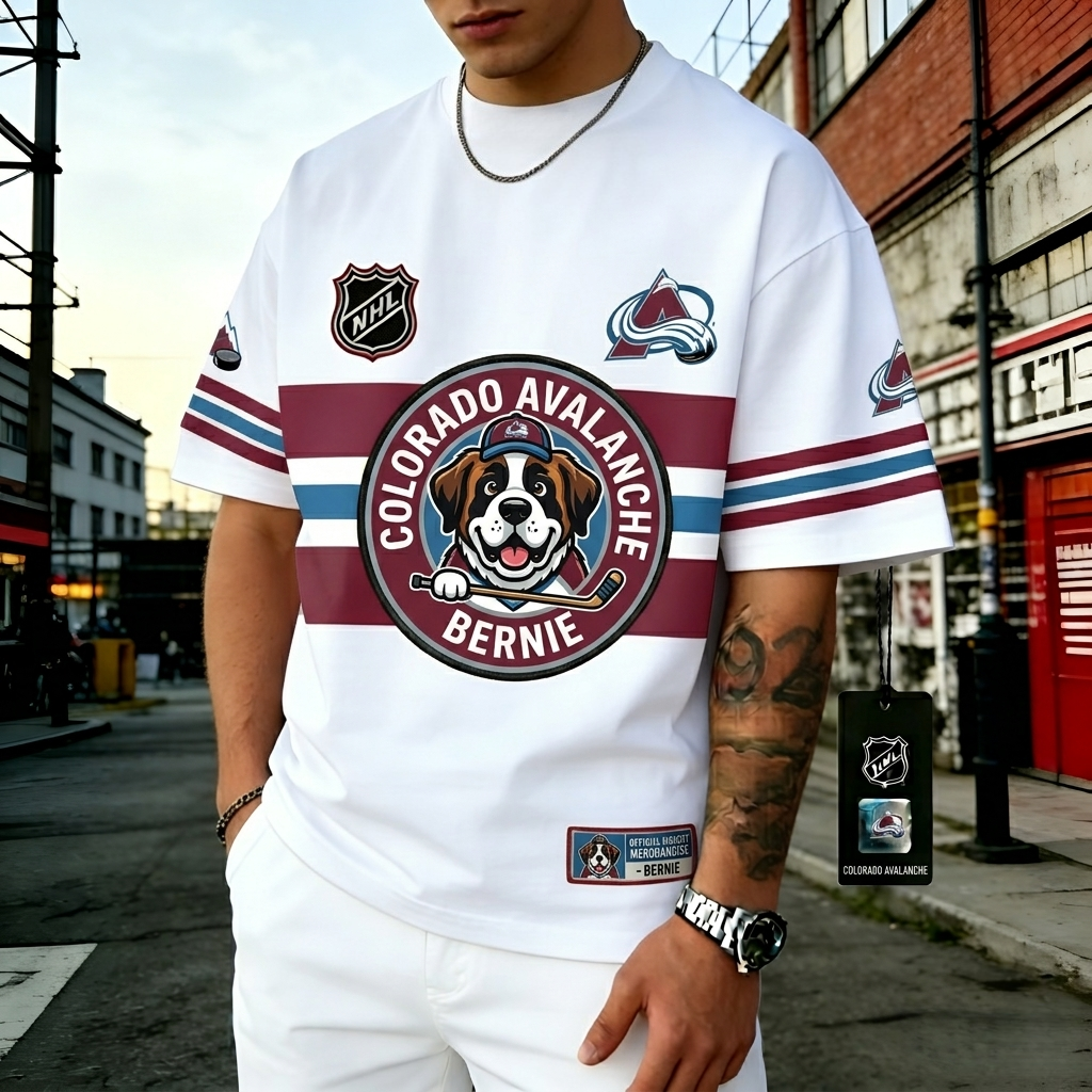 T-shirts featuring the NHL team "Colorado Avalanche" and its mascot "Bernie"