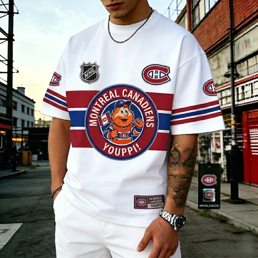 Generate T-shirts featuring the NHL team "Montreal Canadiens" and their mascot "Youppi!"