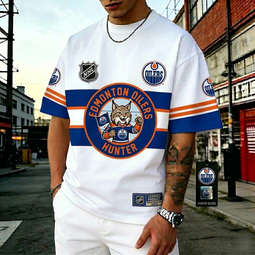 T-shirts featuring the NHL team "Edmonton Oilers" and their mascot"Hunter"