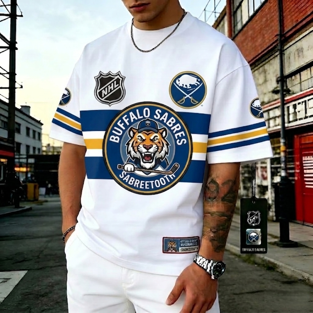 T-shirts featuring the NHL team "Buffalo Sabres" and their mascot "Sabretooth"