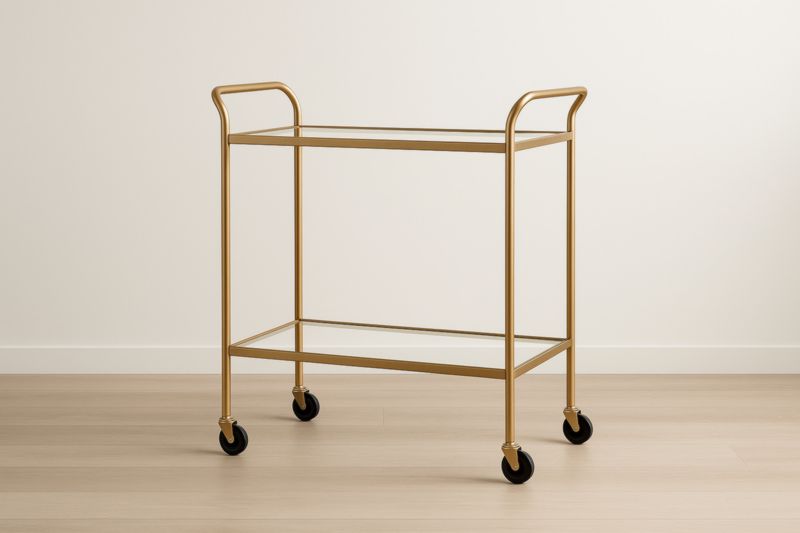 Chariot de service doré avec plateaux en verre trempé et 4 roulettes pivotantes – 76×41×84 cm