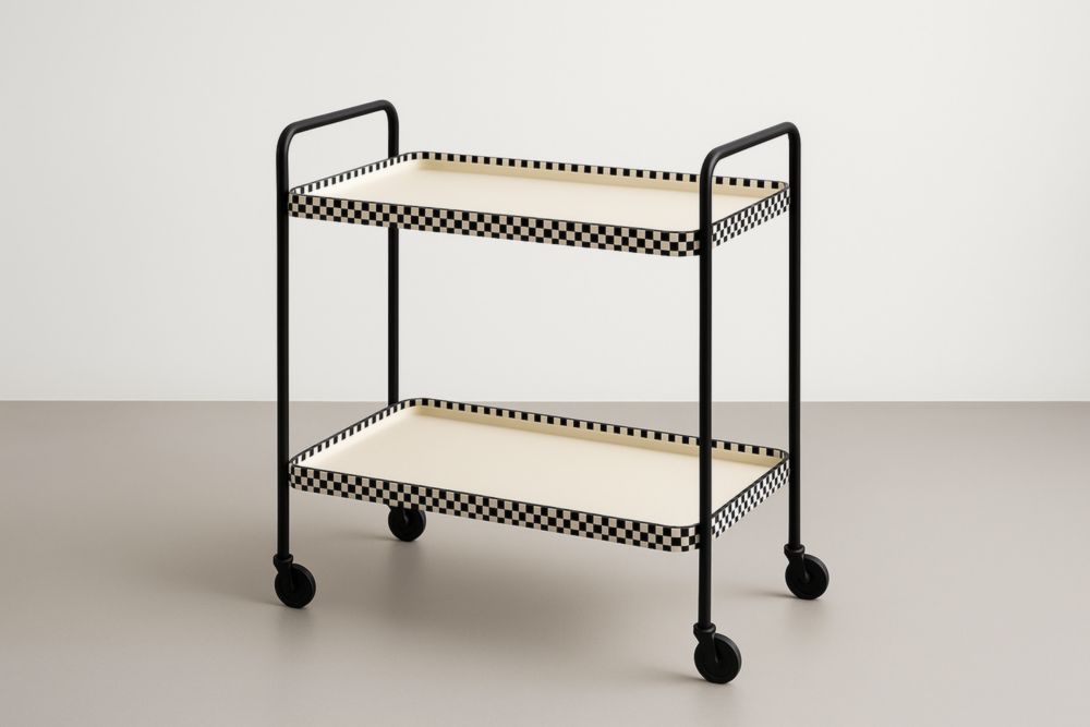 Chariot de Service à Deux Niveaux Métal Noir et Crème Damier