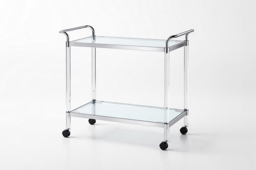 Chariot de Service en Verre Trempé et Métal Chromé avec Roulettes