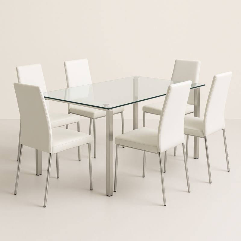 Ensemble salle à manger table en verre trempé avec 6 chaises en similicuir blanc