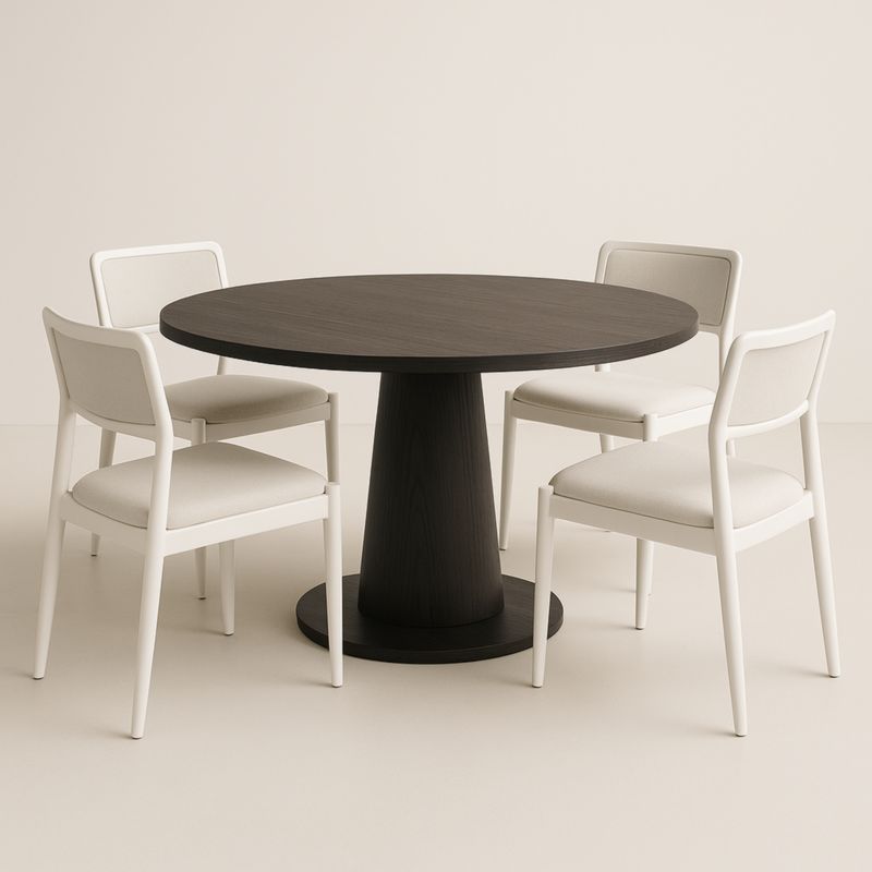 Table ronde en bois noir avec 4 chaises blanches