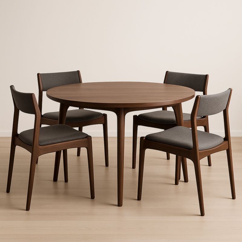 Ensemble Table Ronde en Bois Massif avec 4 Chaises en Tissu Gris