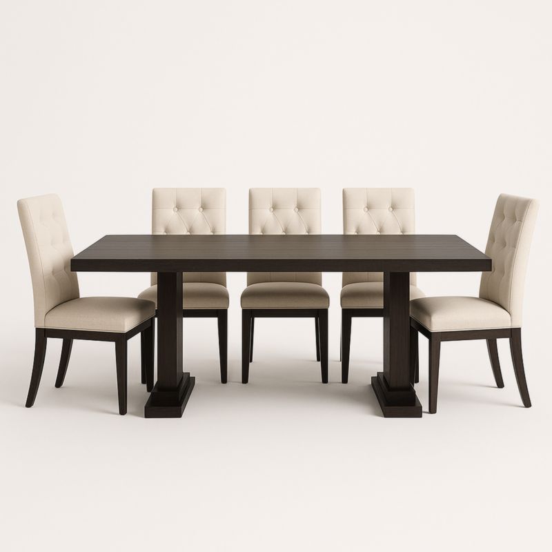 Ensemble table à manger en bois foncé avec 5 chaises en tissu Beige