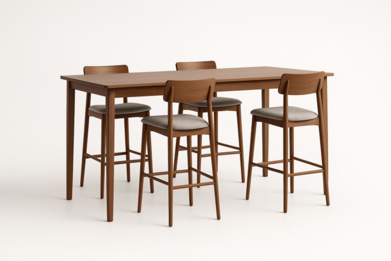 Table haute bois avec chaises rembourrées