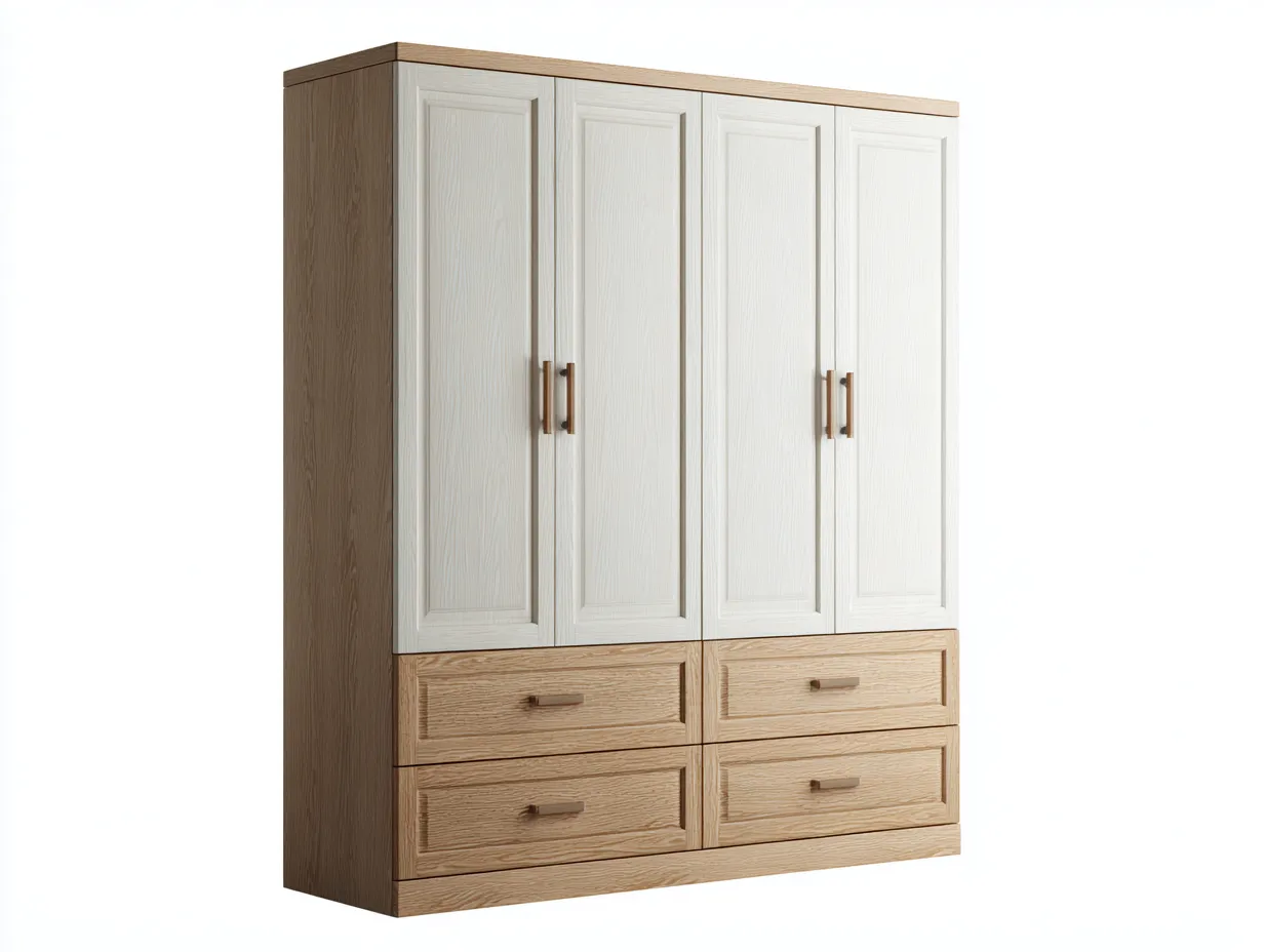 Armoire 4 portes en bois et panneaux finis 180 x 60 x 200 cm - blanc et chêne naturel - rangement fonctionnel pour chambre-Luxeupyard