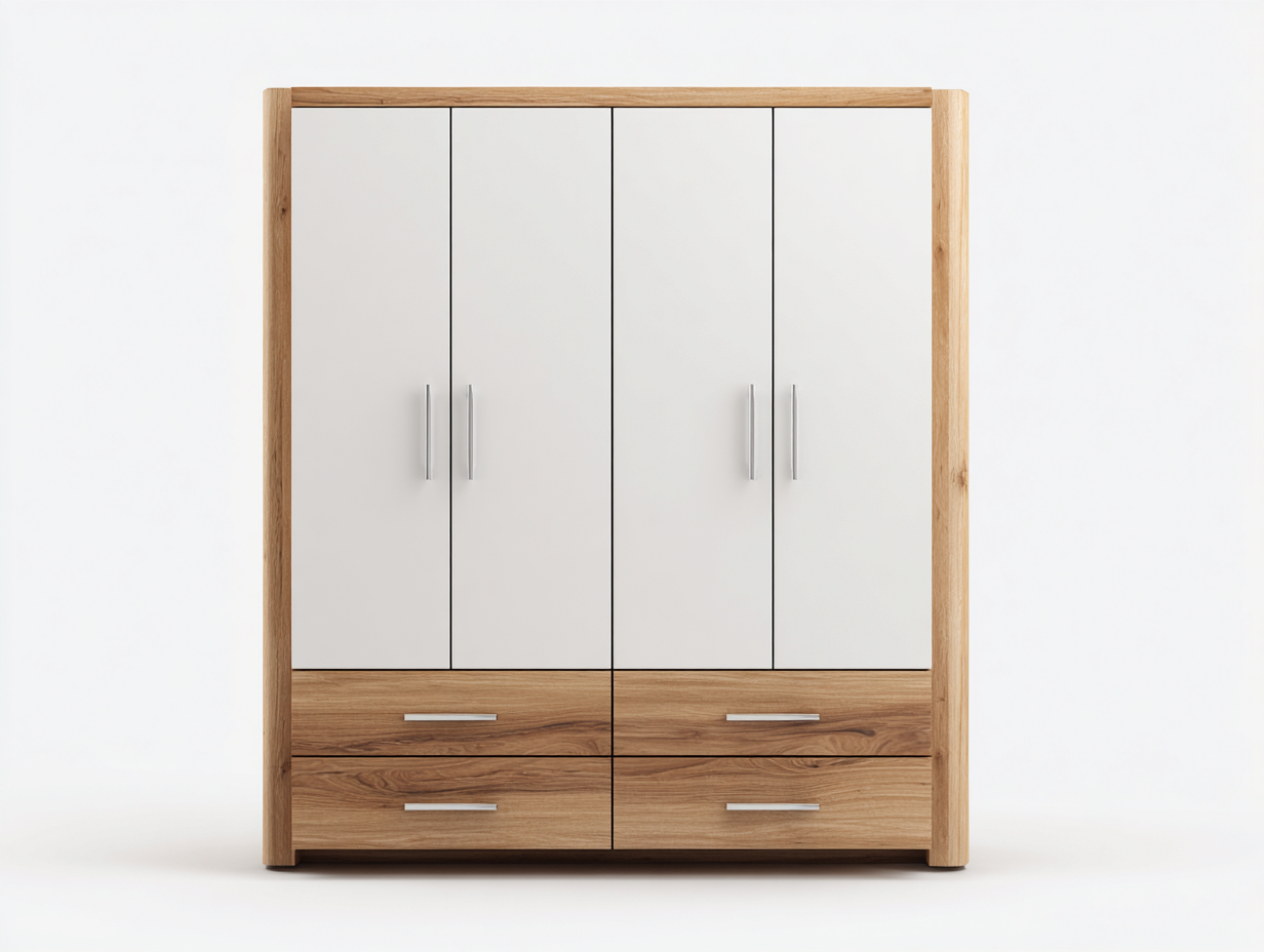 Armoire 4 portes en bois et panneaux finis 200 x 60 x 200 cm - blanc et chêne naturel - rangement moderne pour chambre-Luxeupyard