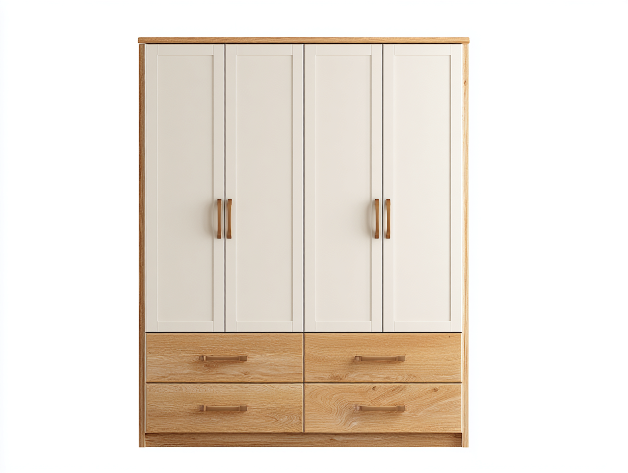 Armoire 4 portes en bois et panneaux finis 180 x 60 x 200 cm - blanc et chêne naturel - rangement fonctionnel pour chambre-Luxeupyard