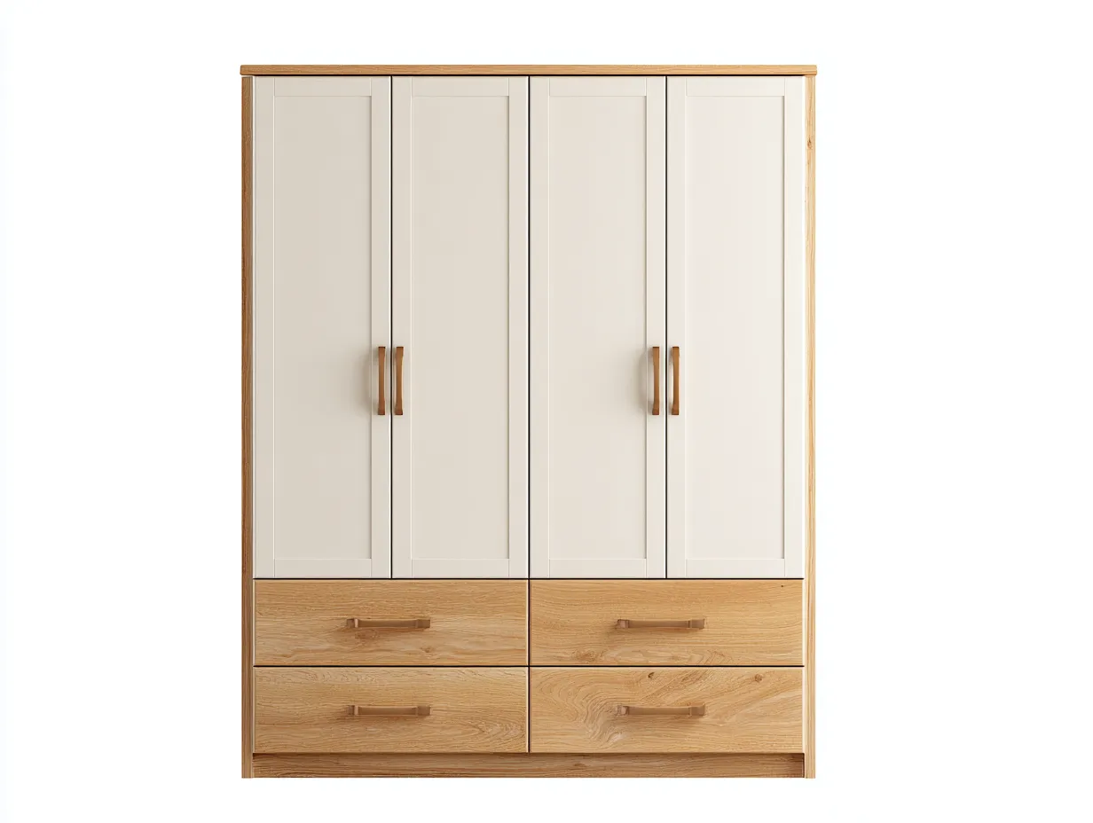 Armoire 4 portes en bois et panneaux finis 180 x 60 x 200 cm - blanc et chêne naturel - rangement fonctionnel pour chambre-Luxeupyard
