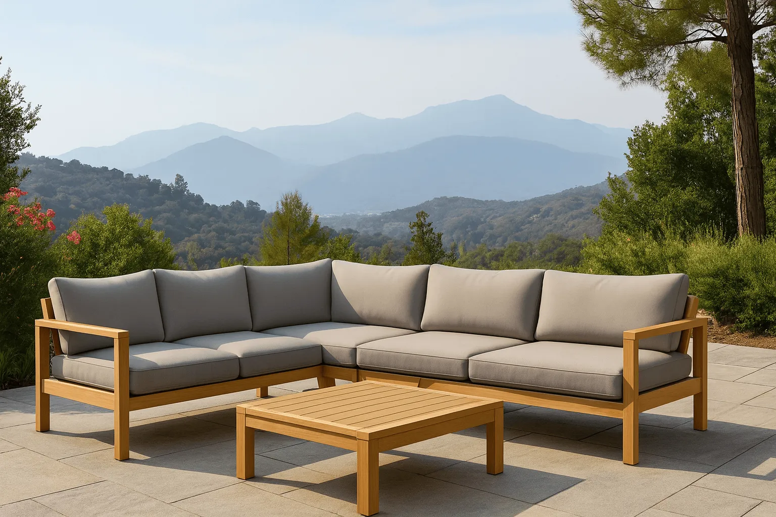 Set divano angolare in legno con cuscini grigi e tavolino