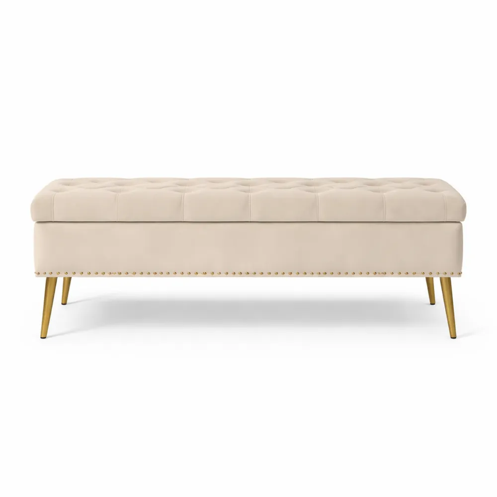 Banc de rangement en velours beige avec base dorée pour chambre et salon