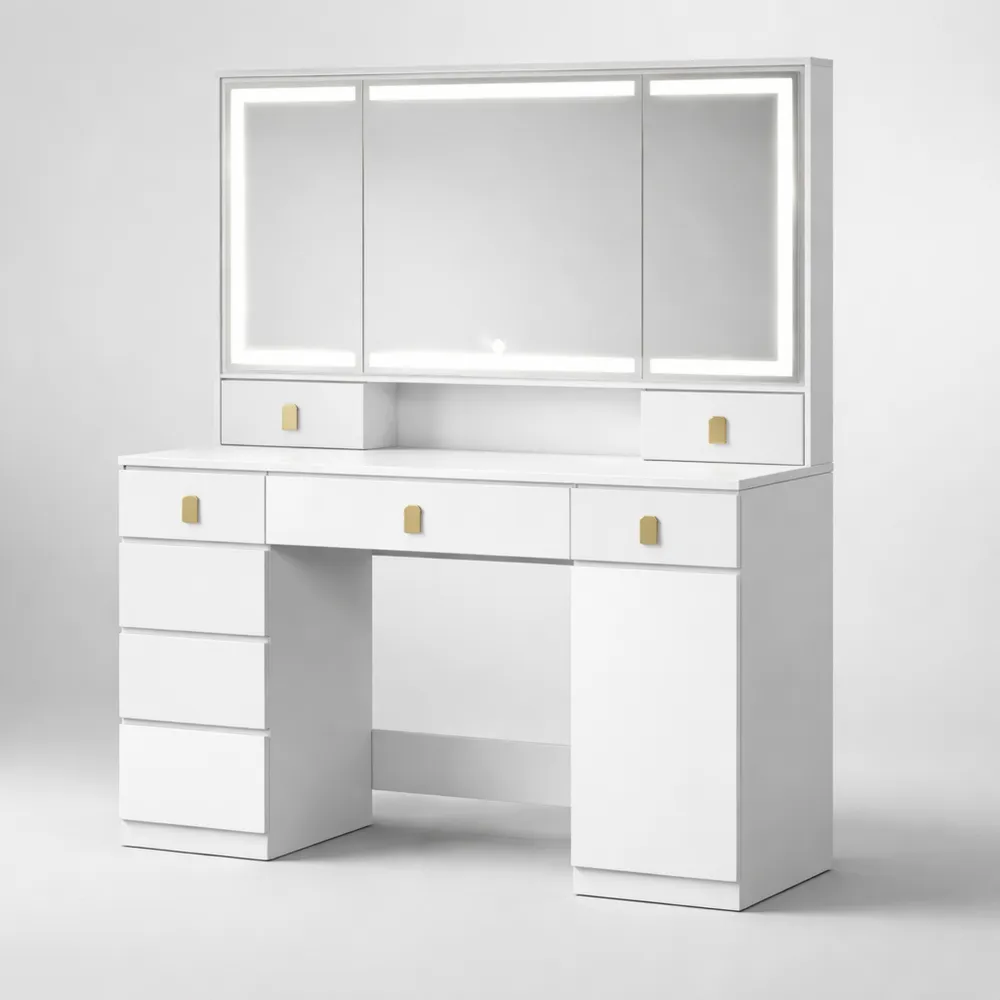 Coiffeuse avec Miroir LED et Tiroirs de Rangement, Luminosité Réglable, Blanc