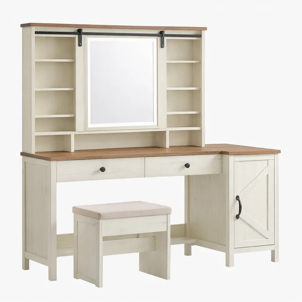 Coiffeuse avec miroir et éclairage, style ferme, avec tabouret et rangement bijoux