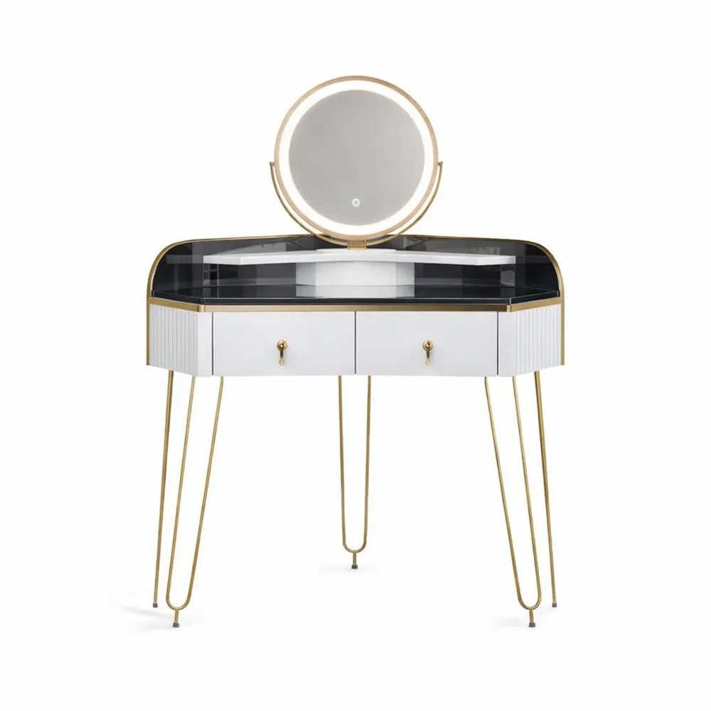 Coiffeuse Moderne Blanche avec Miroir LED et Tabouret