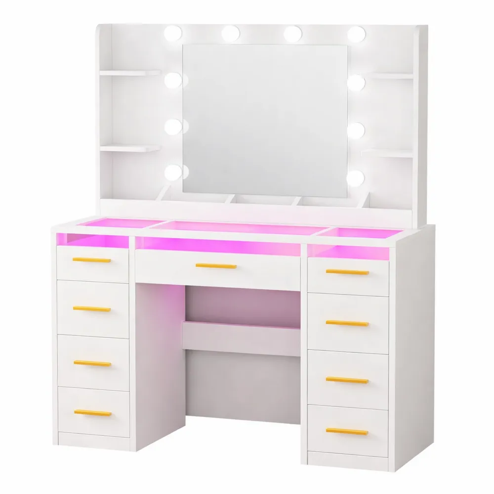Table de Maquillage Moderne avec Miroir à Éclairage LED et Nombreux Rangement