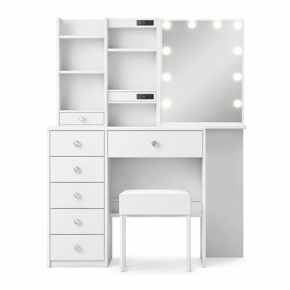 Table de Maquillage Blanche avec Miroir LED et Rangements
