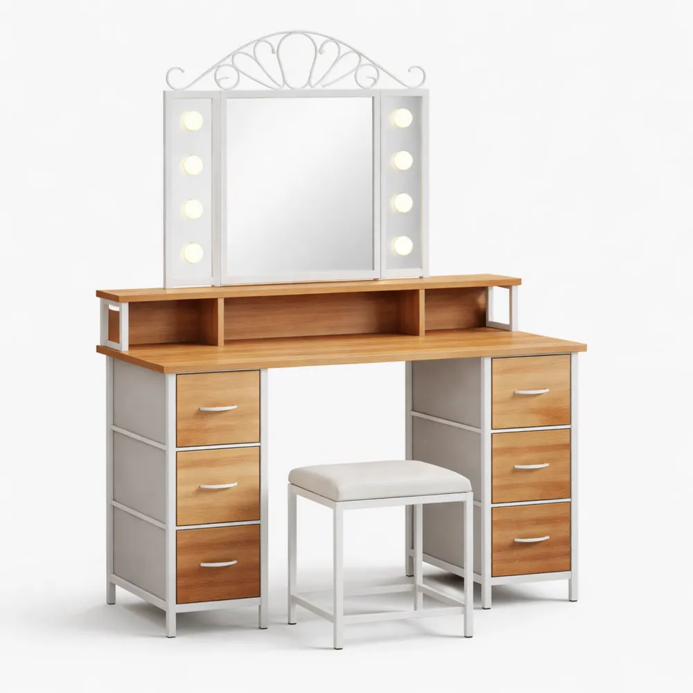 Table de maquillage avec miroir lumineux et étagères réglables