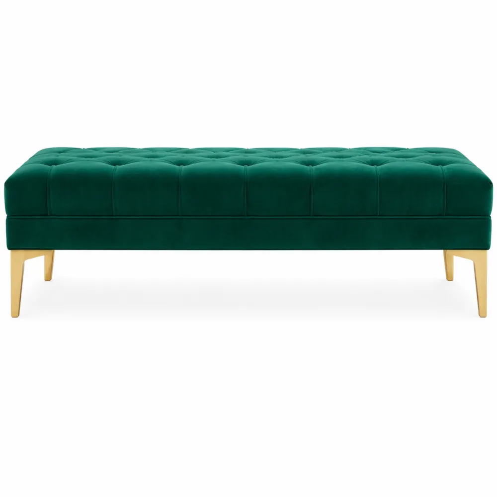 Banc capitonné en velours vert avec piètement doré 118 x 45 x 42 cm