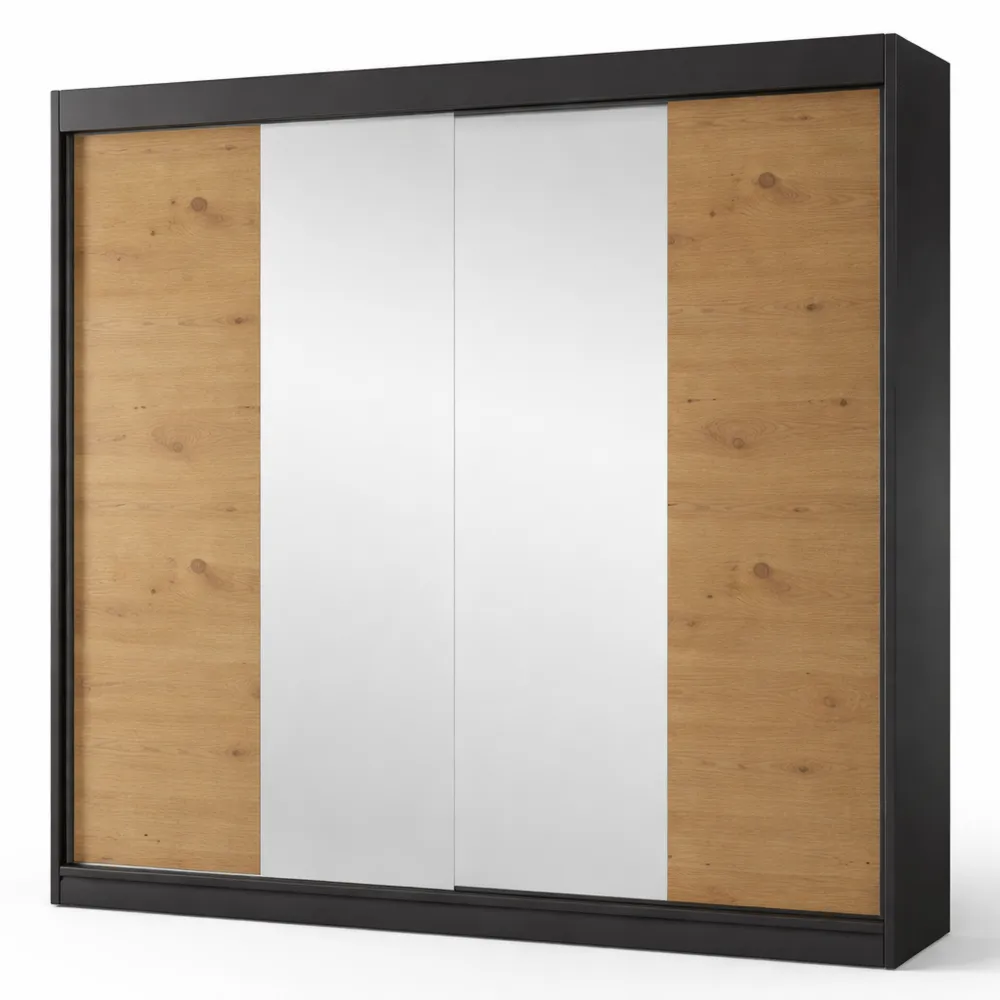 Armoire à portes coulissantes avec miroir et rangement intégré, couleur noire