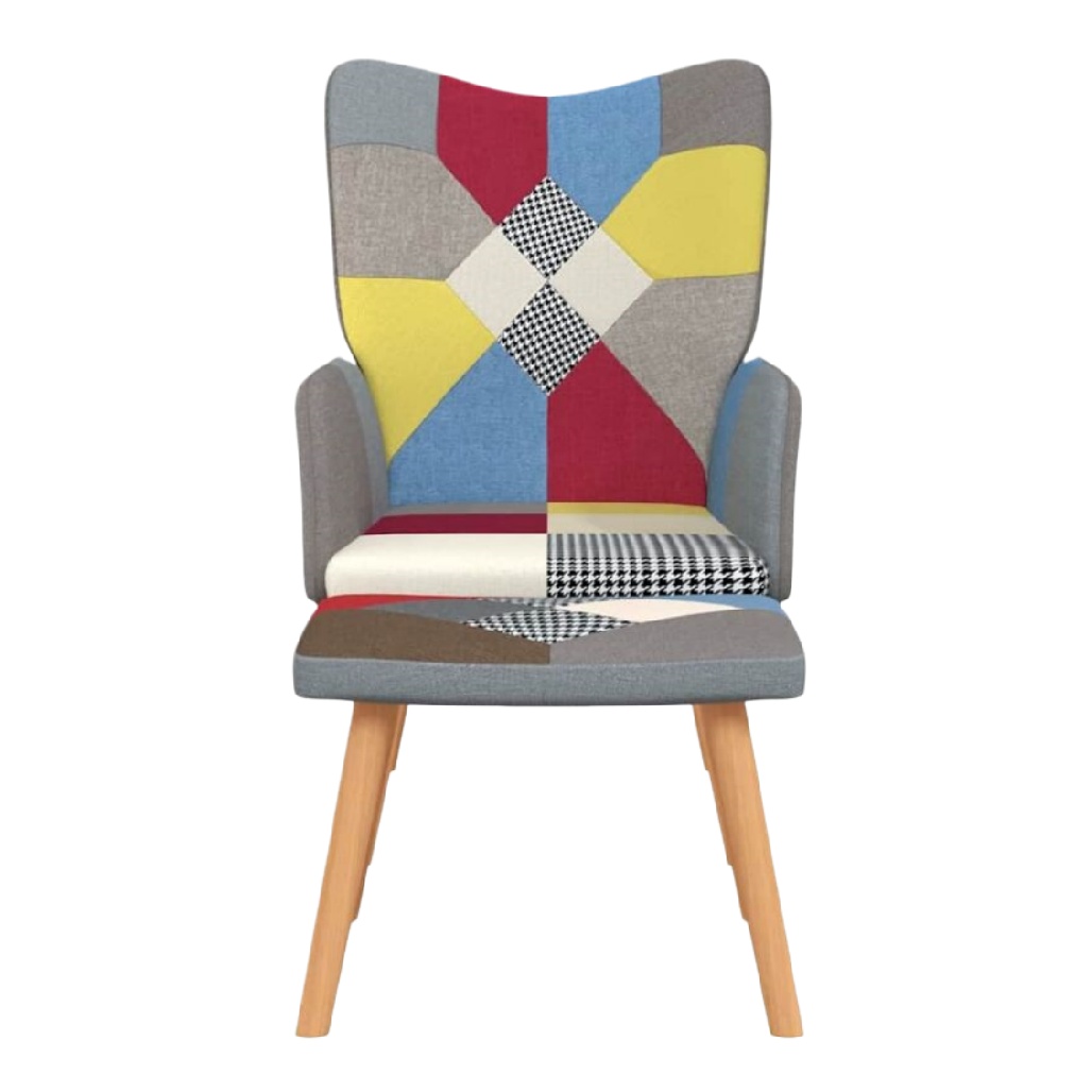 Chaise moderne en tissu patchwork multicolore avec pieds en bois