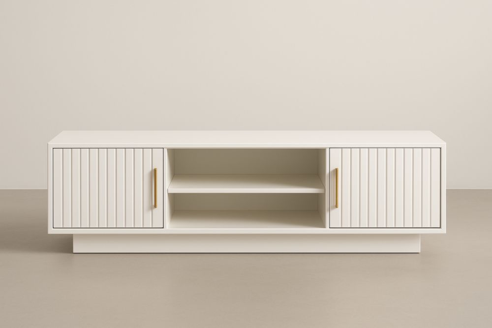 Meuble TV bois aggloméré stratifié blanc avec poignées dorées 150x40x50 cm