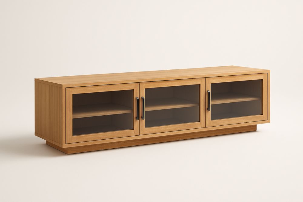 Meuble TV en bois massif avec portes en verre trempé