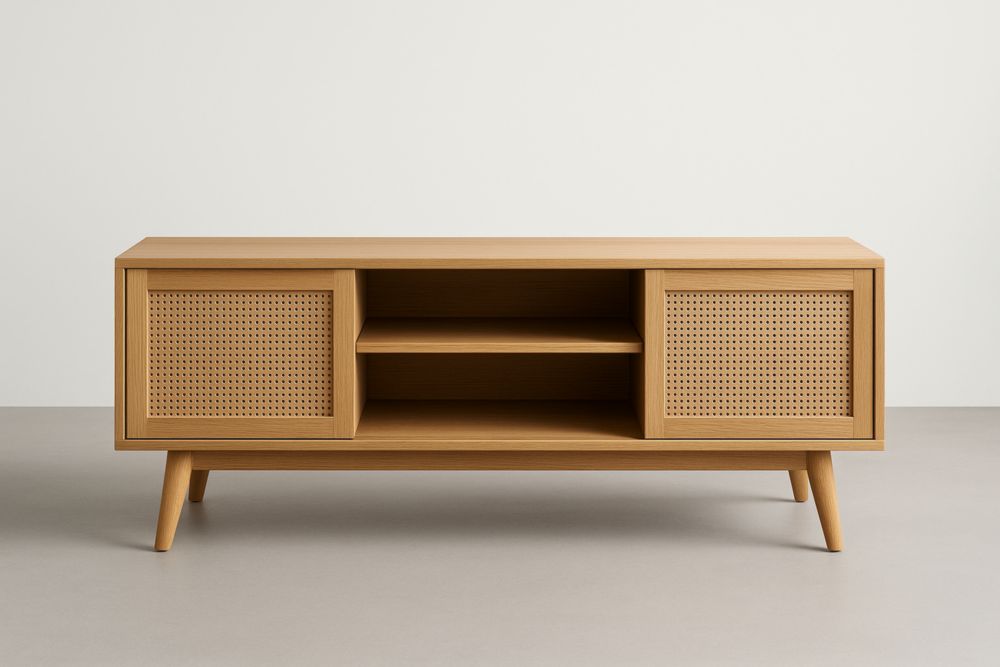 Meuble TV en Chêne massif avec porte en cannage 150x45x50 cm