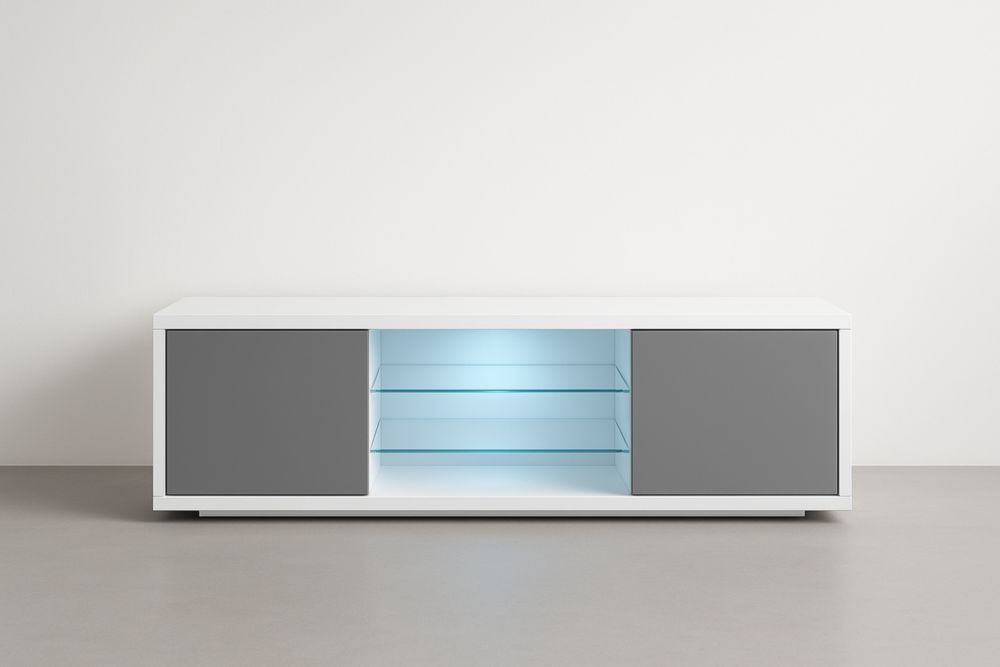 Meuble TV en Façade MDF Blanc et Gris avec Étagères en Verre Trempé