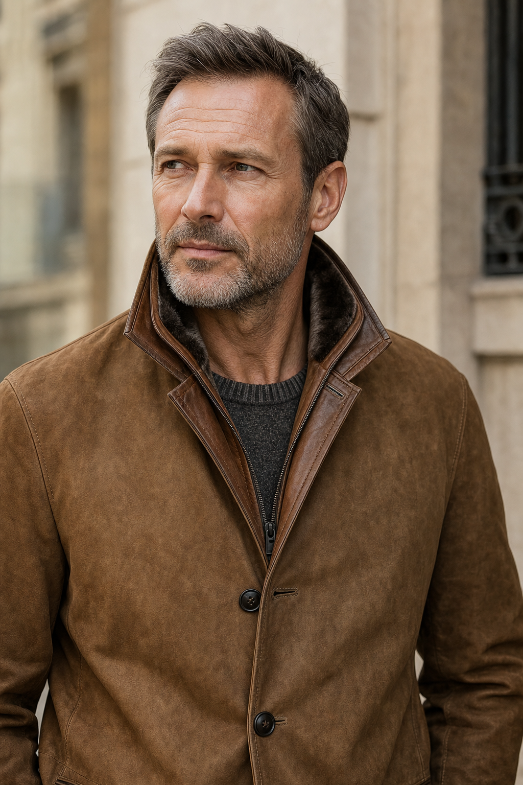 Detailaufnahme Stehkragen und Rei&szlig;verschluss Herrenjacke