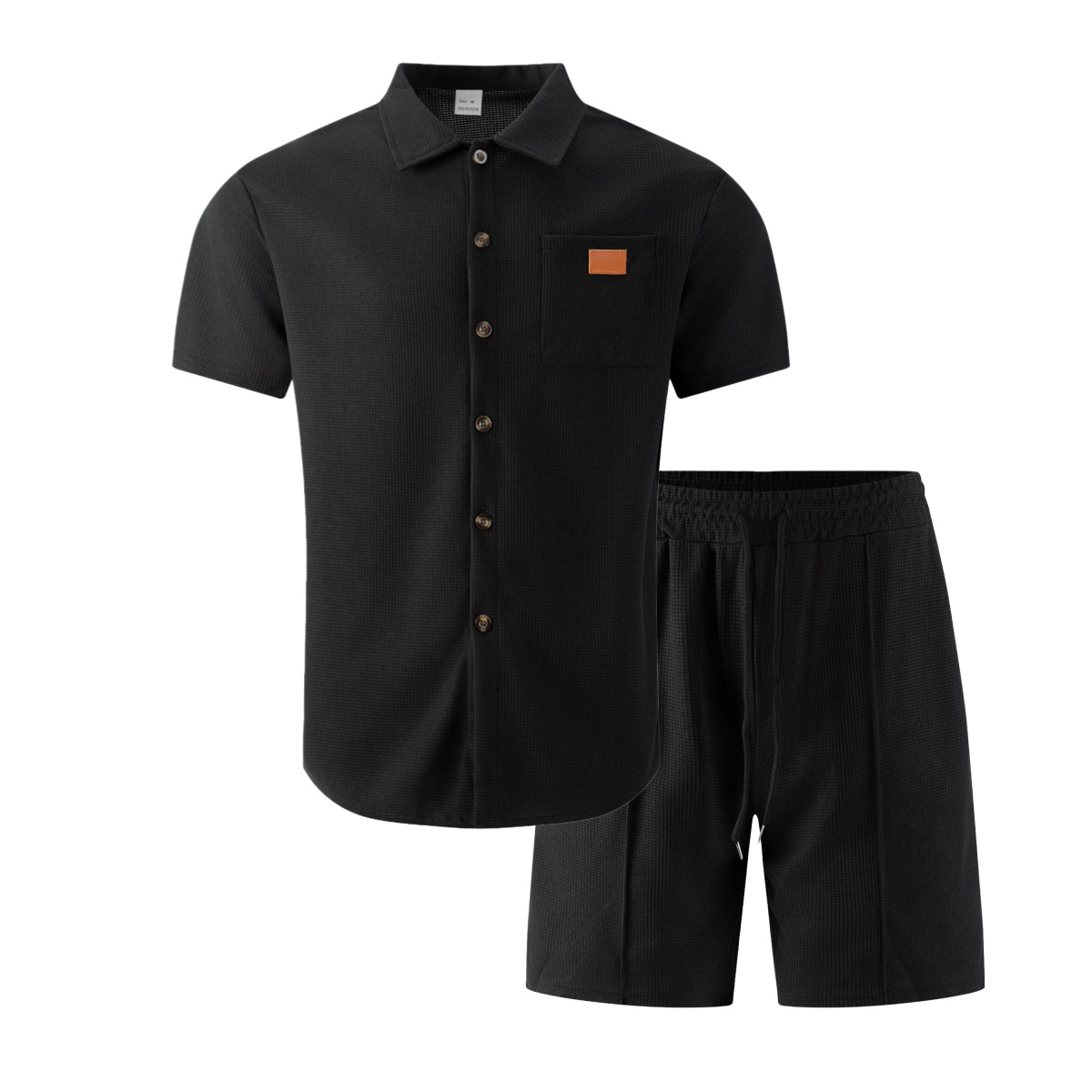 Waffel-Lounge-Set für Herren – Zweiteiler aus Kurzarm-Hemd mit Kragen & Shorts