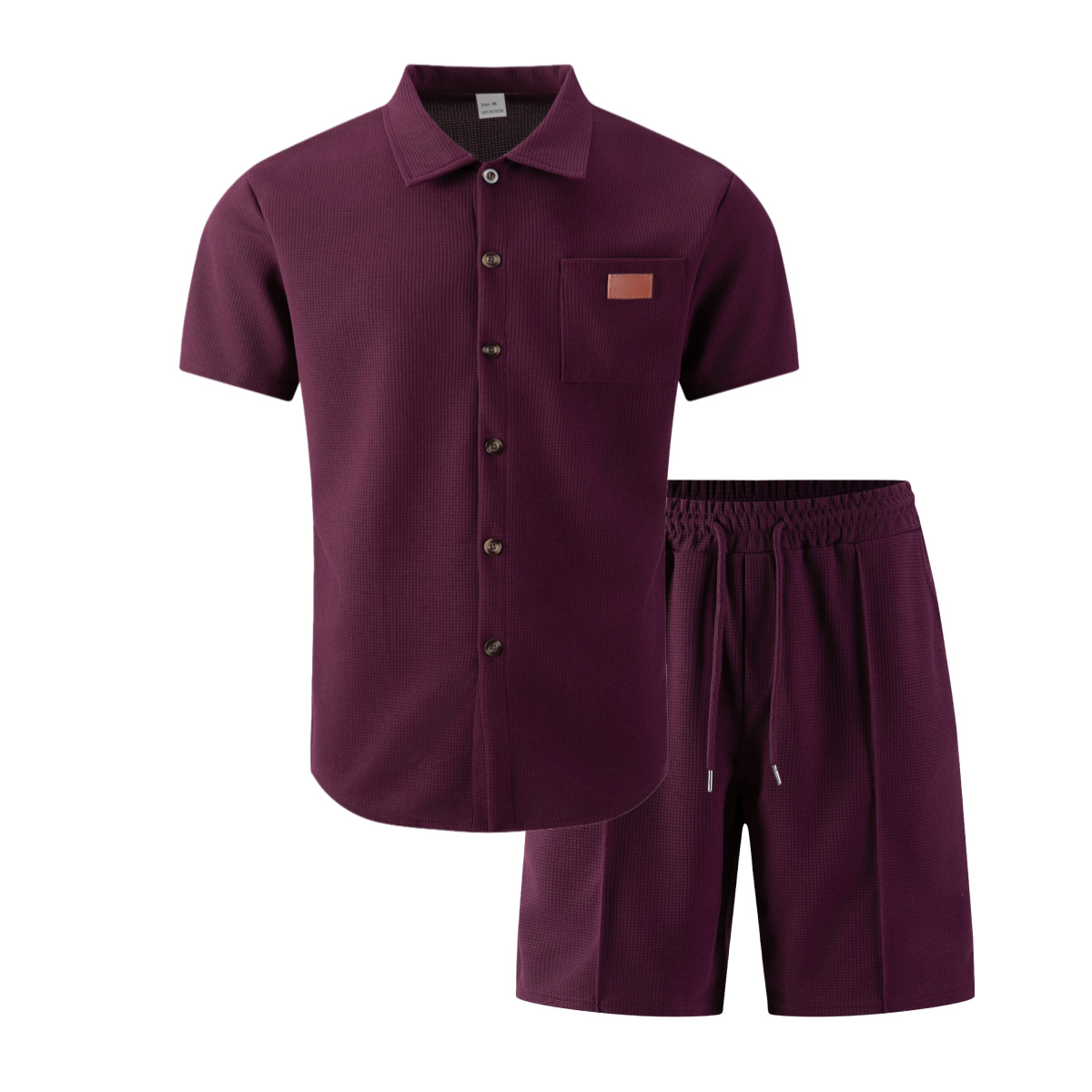 Waffel-Lounge-Set für Herren – Zweiteiler aus Kurzarm-Hemd mit Kragen & Shorts